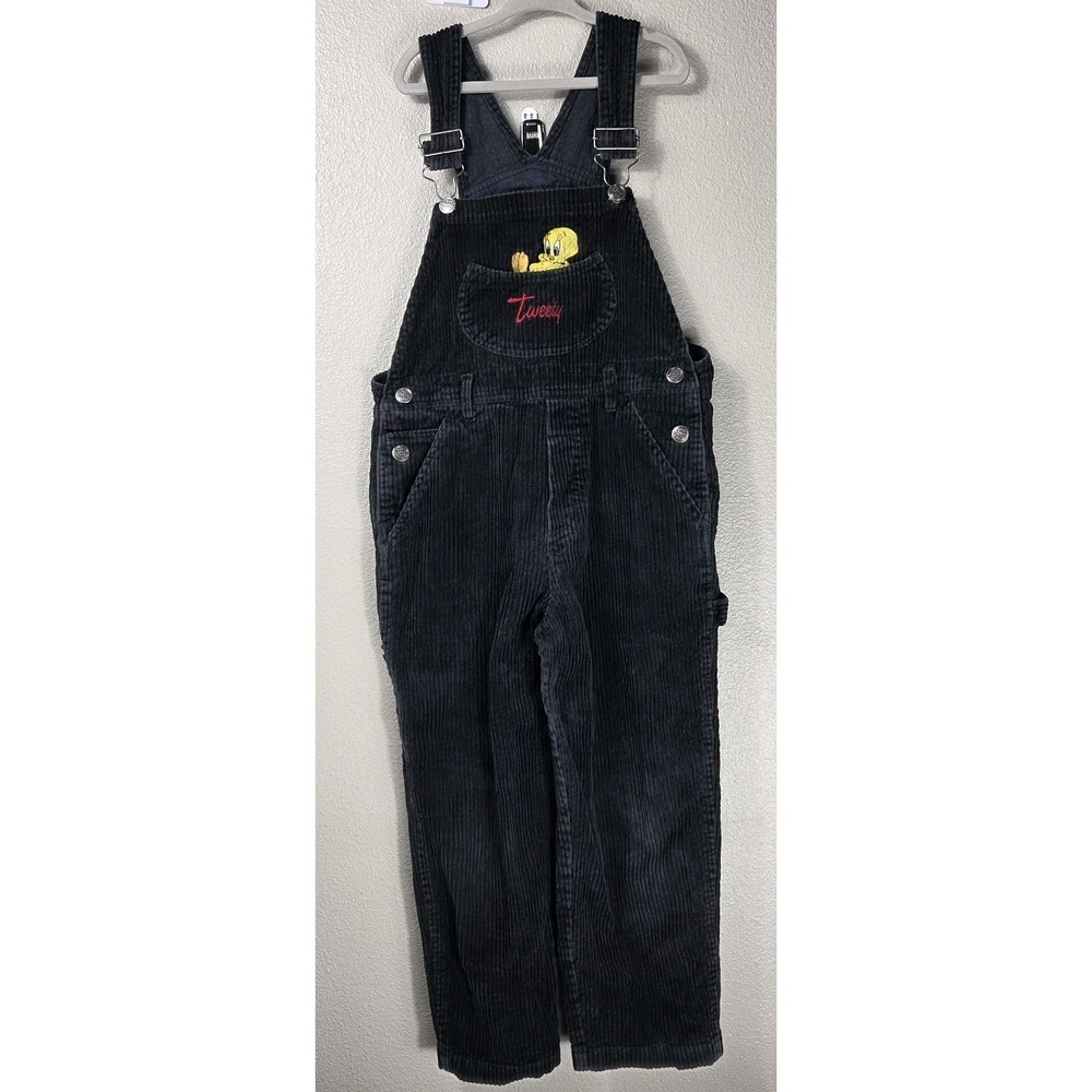 Vintage 1997 Looney Tunes Tweety Bird Black Corduroy Overalls Kids Size 8